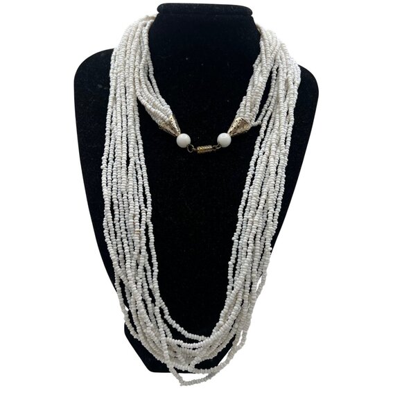 Jewelry - White Seed Bead Multi Strand Necklace Gold Tone Filigree Caps Glass 32" Vtg READ